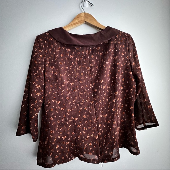 Vintage Women's Brown Floral Blouse 3/4 Sleeve Peter Pan Collar - Picture 2 of 12